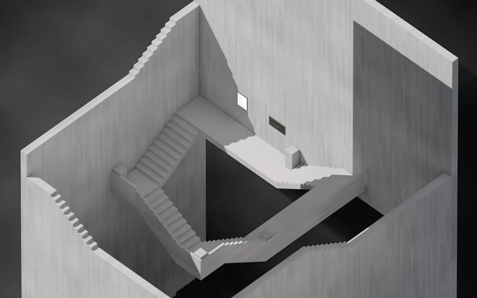 The staircase in its concrete lightwell, seen from the one viewpoint where its four flights close into a loop that climbs forever.